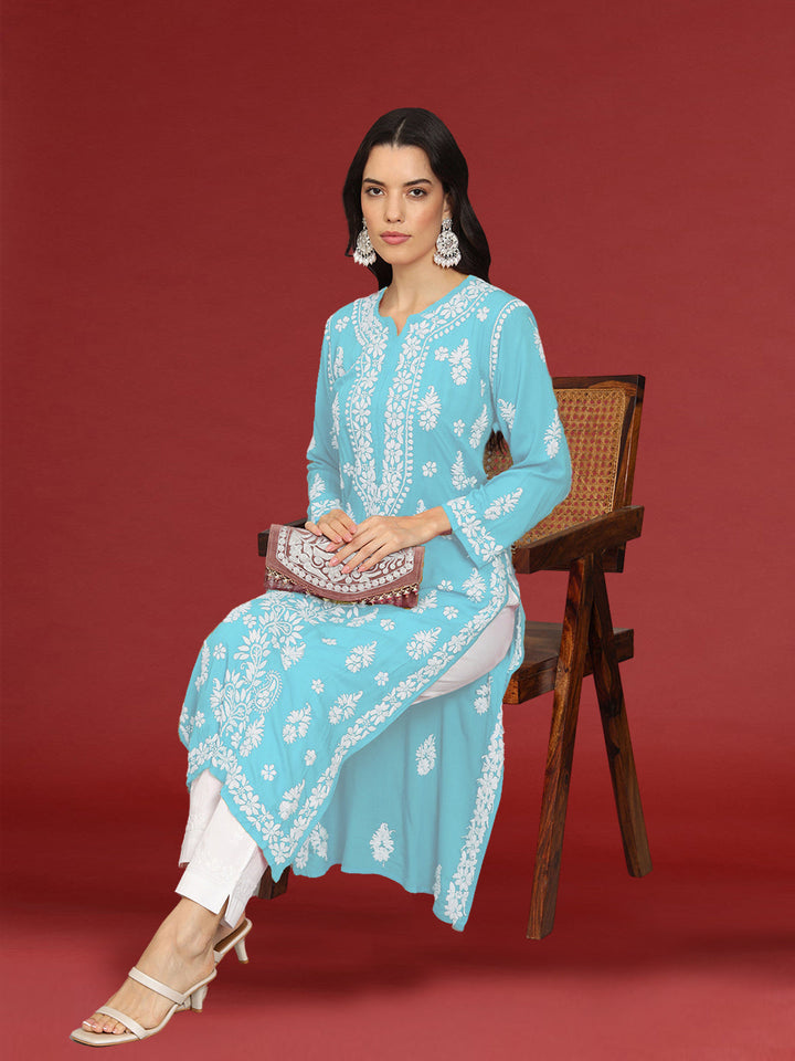 Hand Embroidered Chikankari Modal Straight Kurta- PC4042 Seagreen