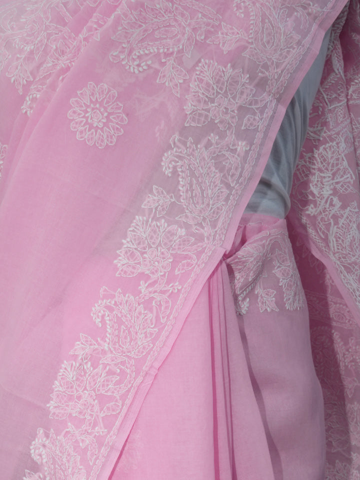 Hand Embroidered Chikankari Cotton Saree PCSAR02 Pink