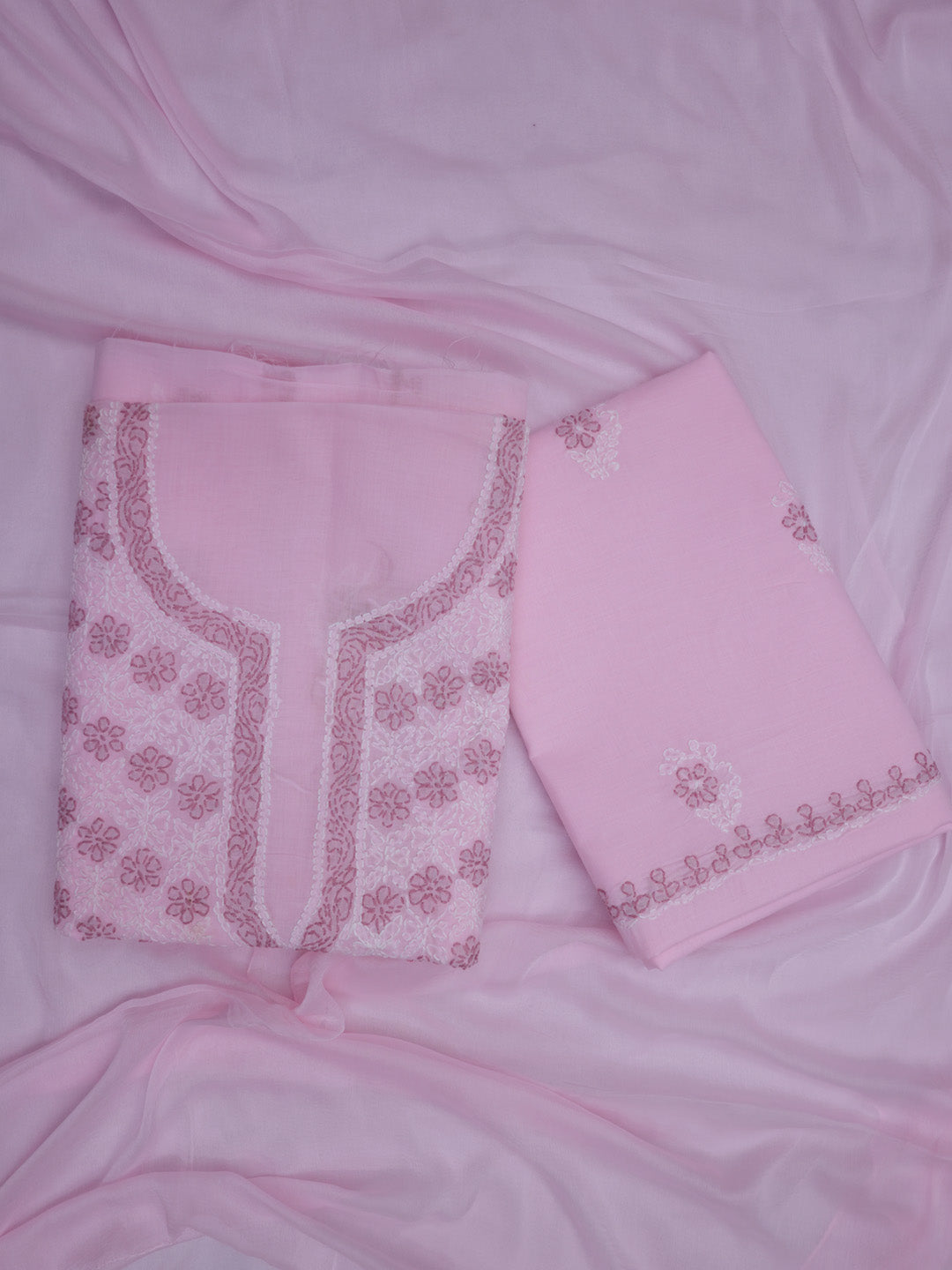 Women Hand Embroidered Chikankari Cotton Dressmaterial PCSCU00102FS-Babypink