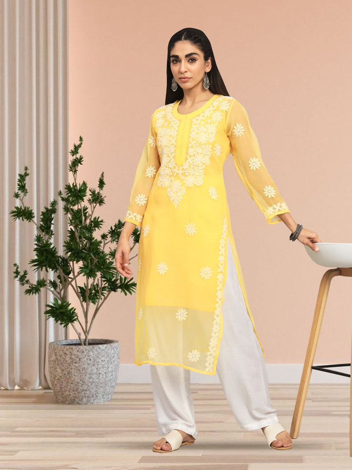 Hand Embroidered Lucknowi Chikankari Georgette straight Kurta With Matching Slip- PC3609