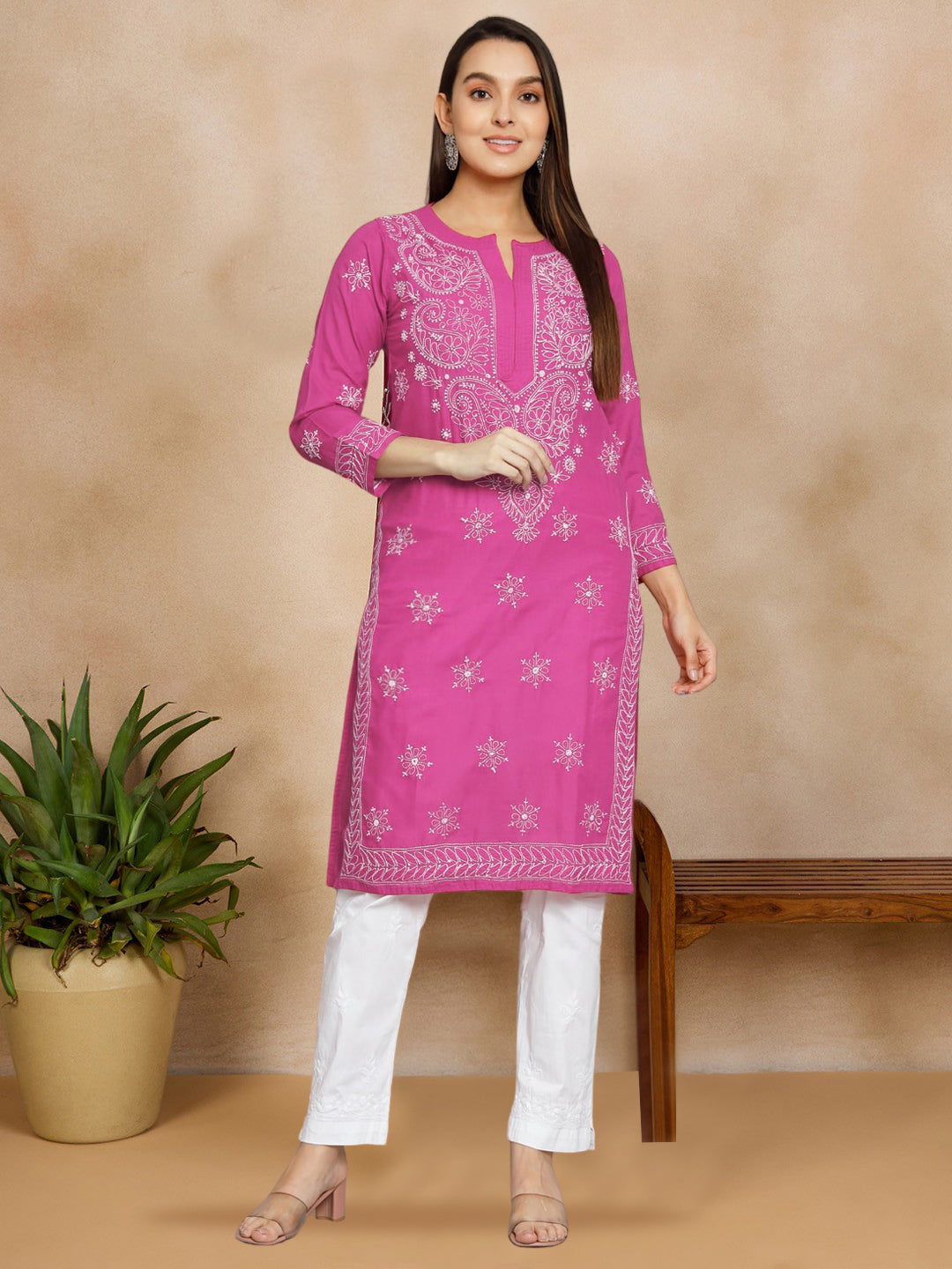 Women Hand Embroidered Cotton Straight Kurta-PC3435