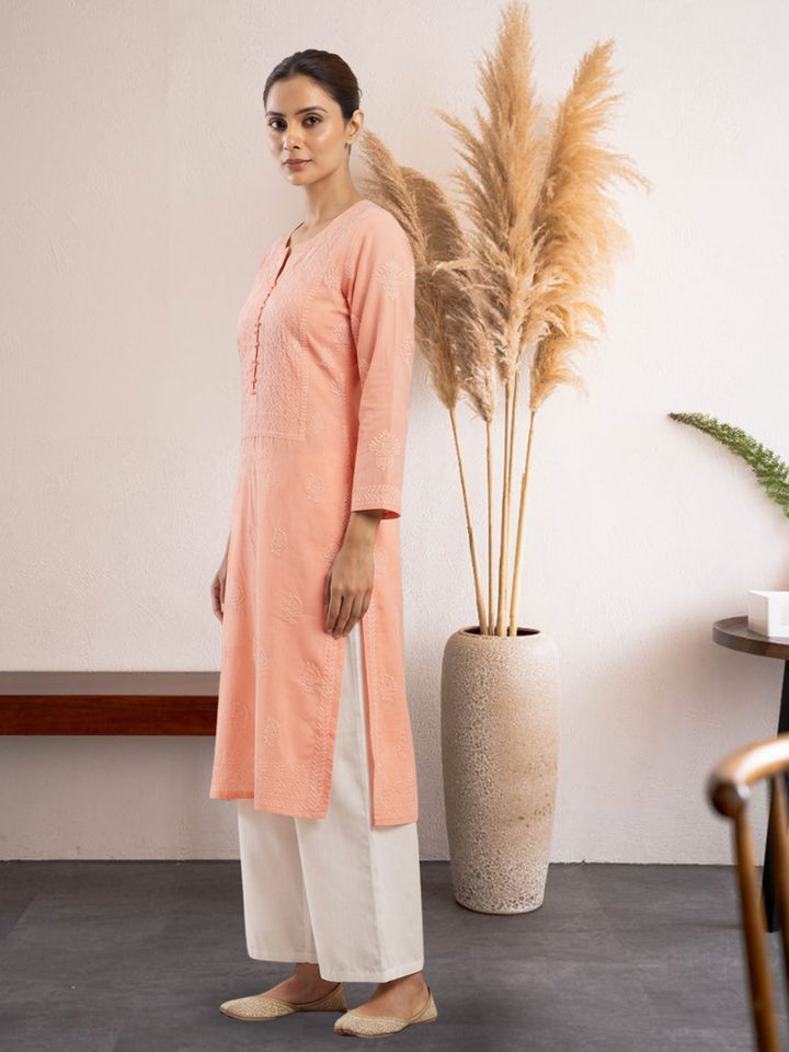 Hand Embroidered Chikankari Cotton Straight Kurta- PC3579 Peachpuff