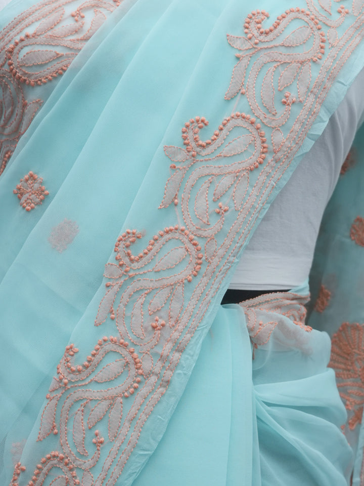 Hand Embroidered Chikankari Georgette Saree PCSAR03 Seagreen