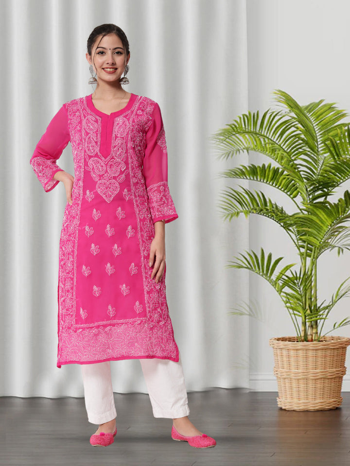 Hand Embroidered Chikankari Georgette straight Kurta With Matching Slip- PC3485