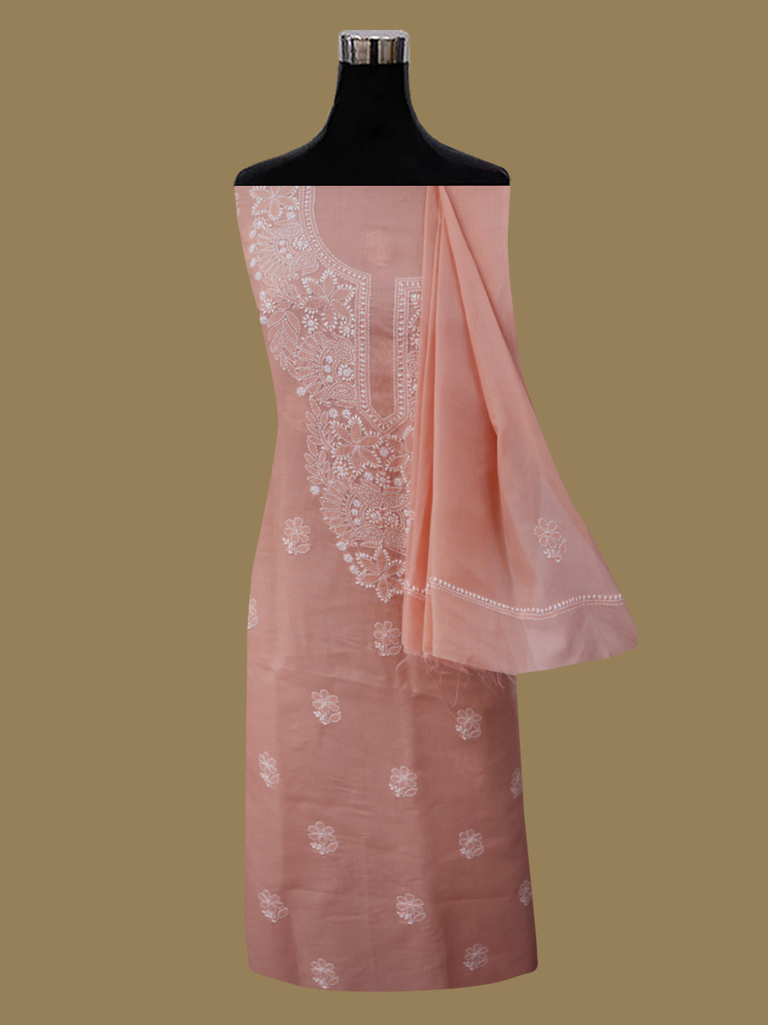 Women Hand Embroidered Cotton Chikankari Dress MaterialPCSCU00104FS-RUST