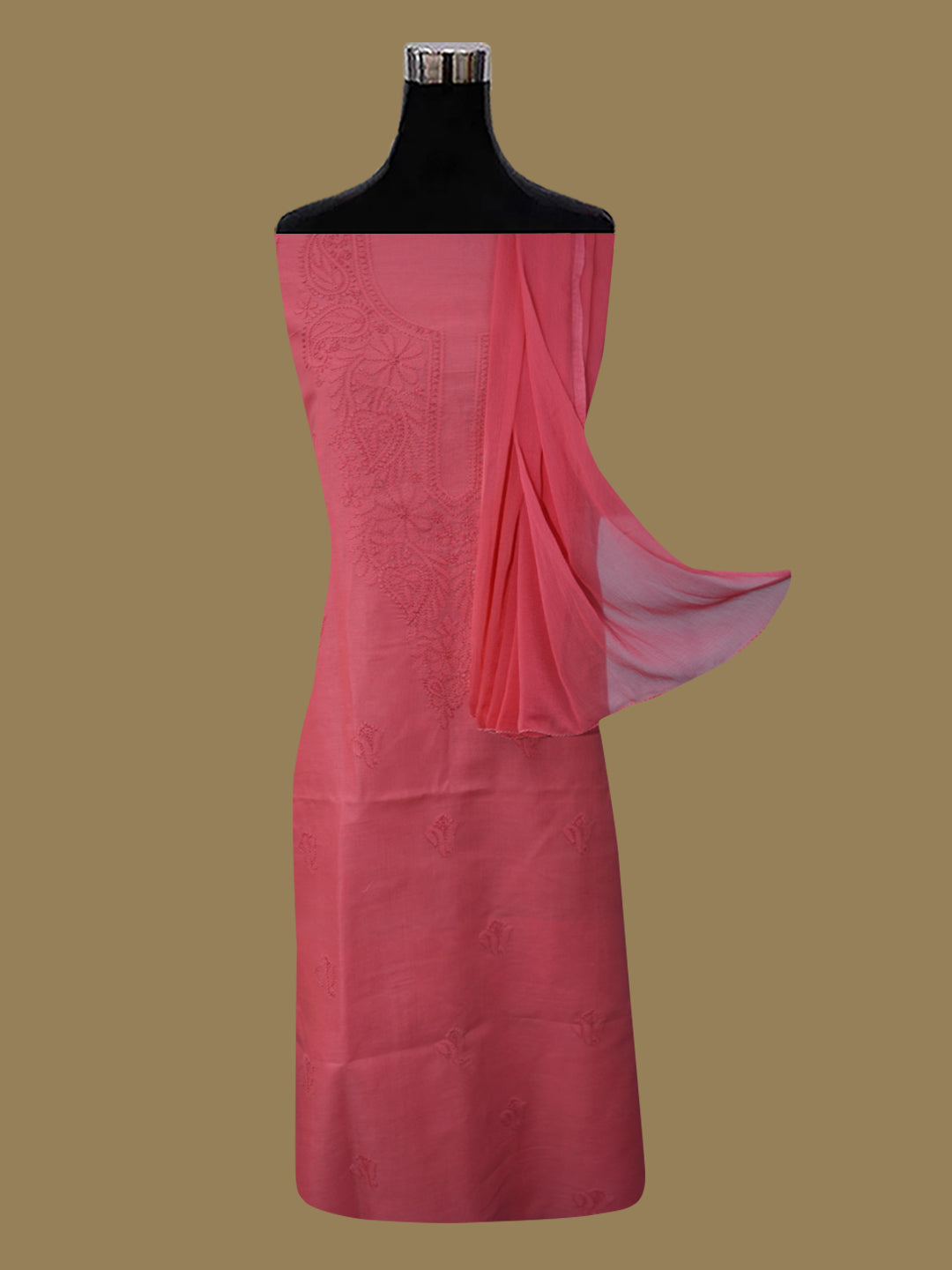 Women Hand Embroidered Cotton Chikankari Dress MaterialPCSCU00103FS-CARROTPINK