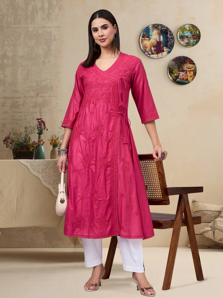 Women chikankari hand Embroidered Chanderi Angrakha kurta-PC3667 Magenta