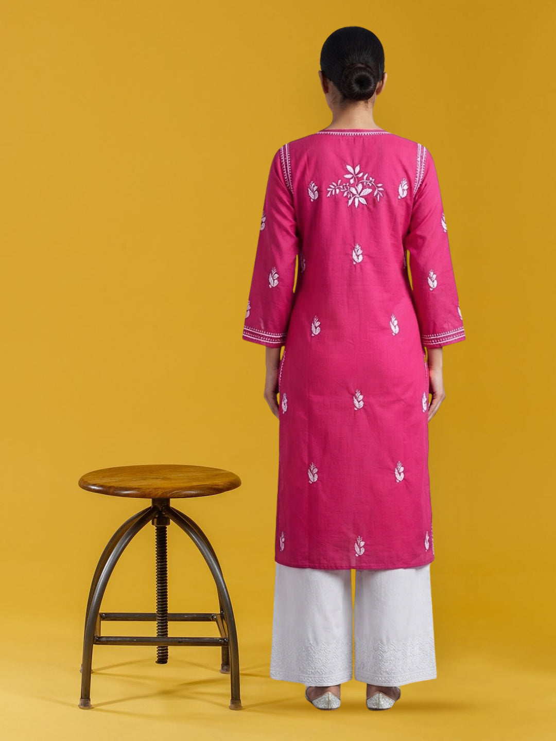 Hand Embroidered Chikankari Cotton Straight Kurta- PC3372 Hotpink