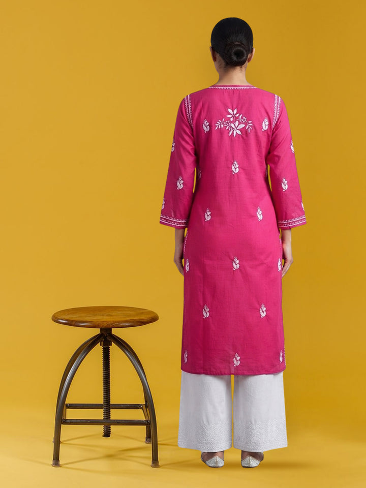 Hand Embroidered Chikankari Cotton Straight Kurta- PC3372 Hotpink