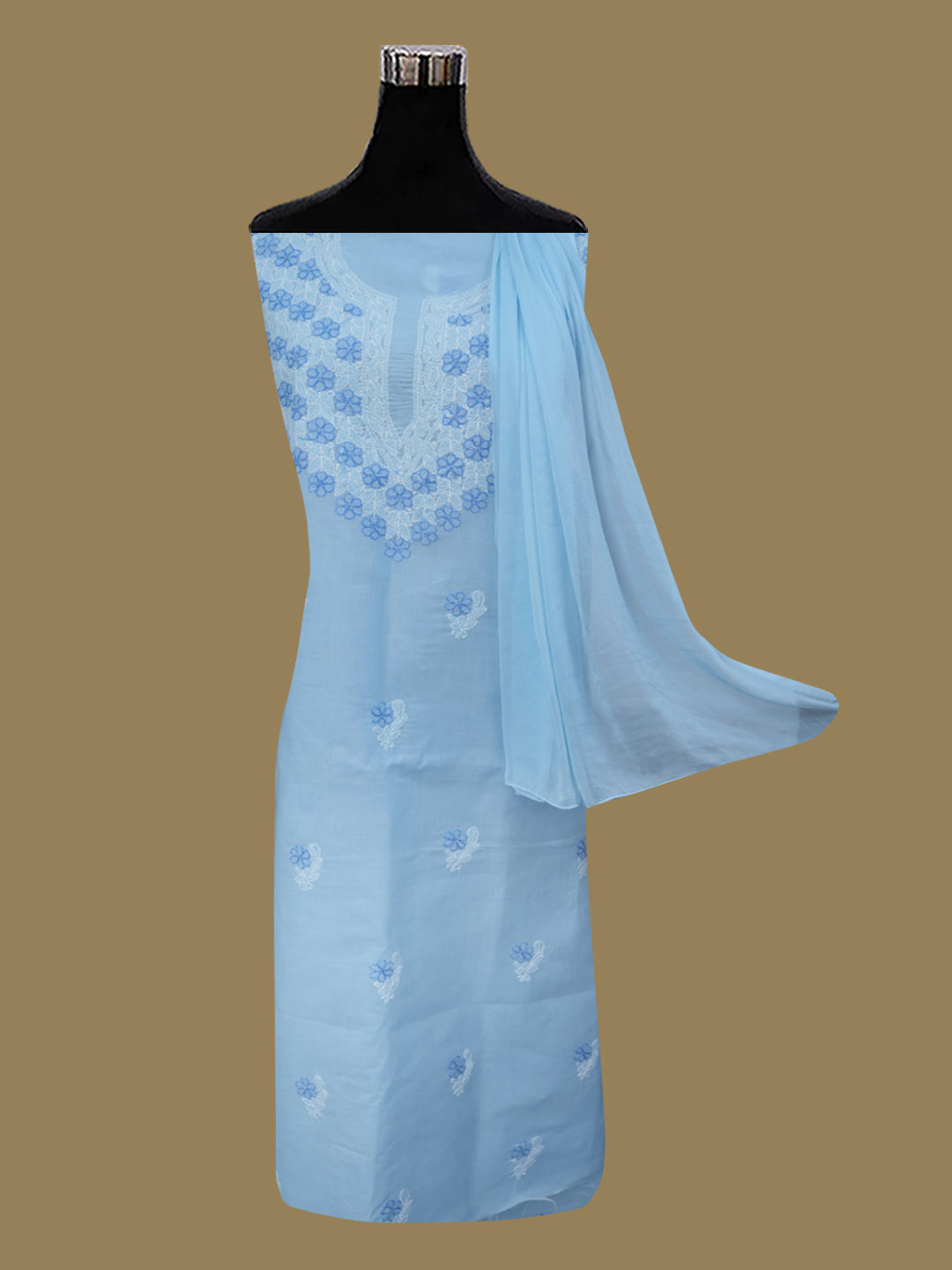 Women Hand Embroidered Chikankari Cotton Dressmaterial PCSCU00102FS-Blue