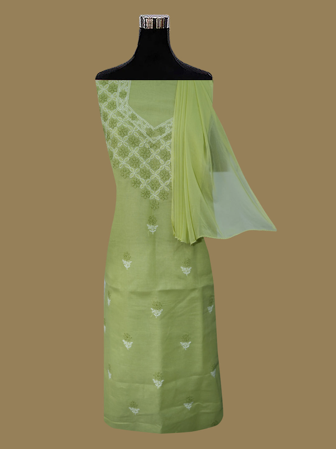 Women Hand Embroidered Chikankari Cotton Dressmaterial PCSCU00102FS-GREEN