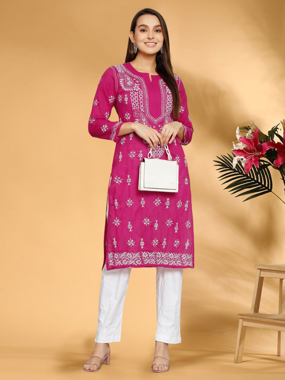 Chikankari Hand Embroidered Cotton Straight Kurta-PC3438