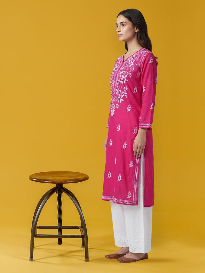Hand Embroidered Chikankari Cotton Straight Kurta- PC3372 Hotpink
