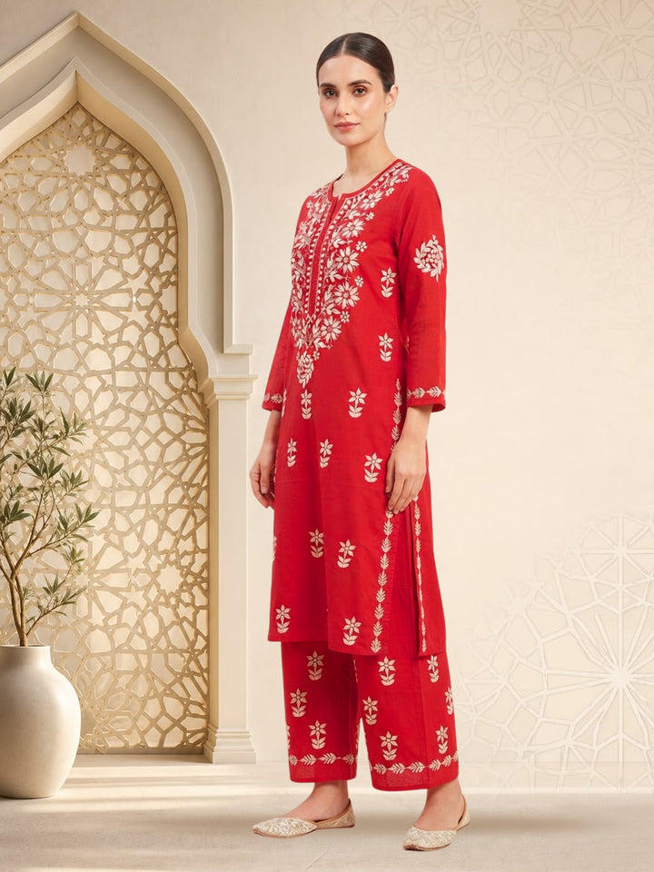 Women Hand Embroidered Chikankari Cotton Kurta Set PC4135KS Red