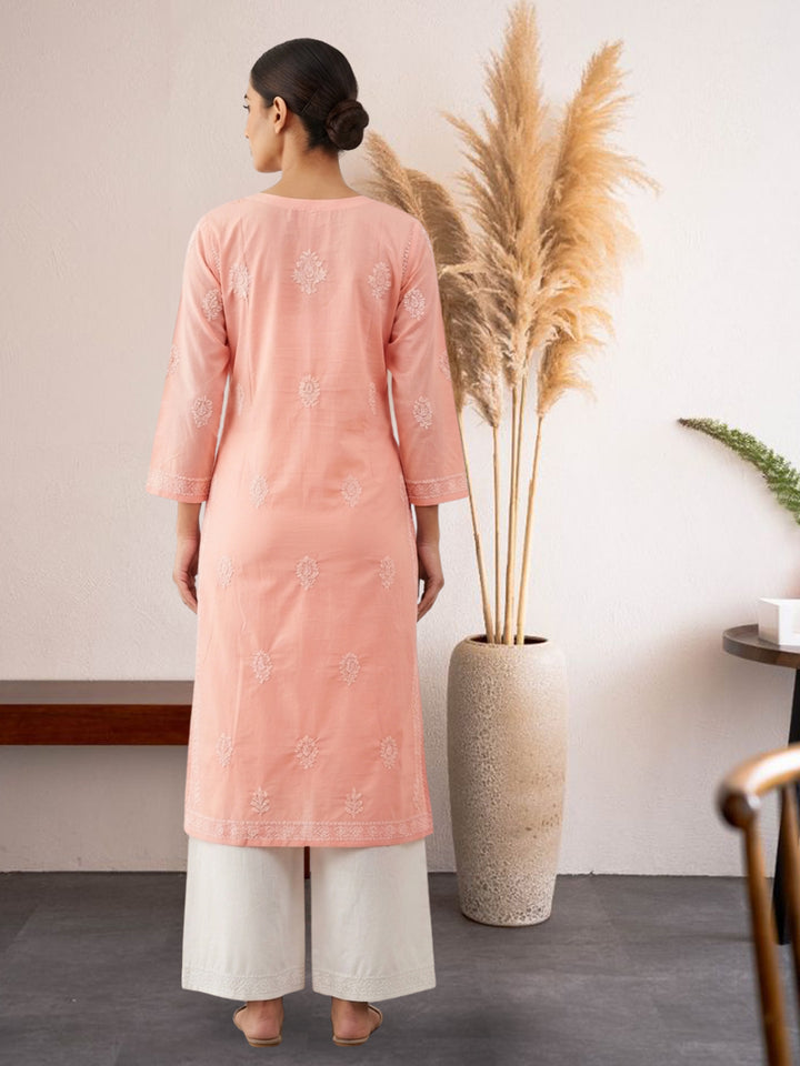 Hand Embroidered Chikankari Cotton Straight Kurta- PC3579 Peachpuff