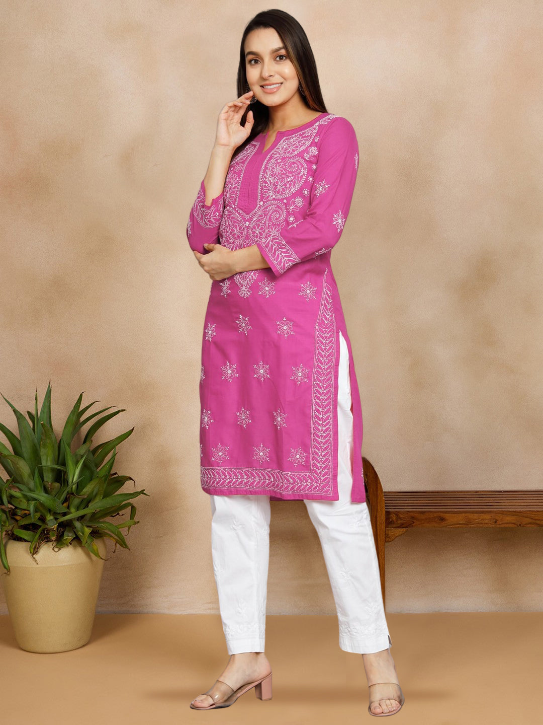 Women Hand Embroidered Cotton Straight Kurta-PC3435