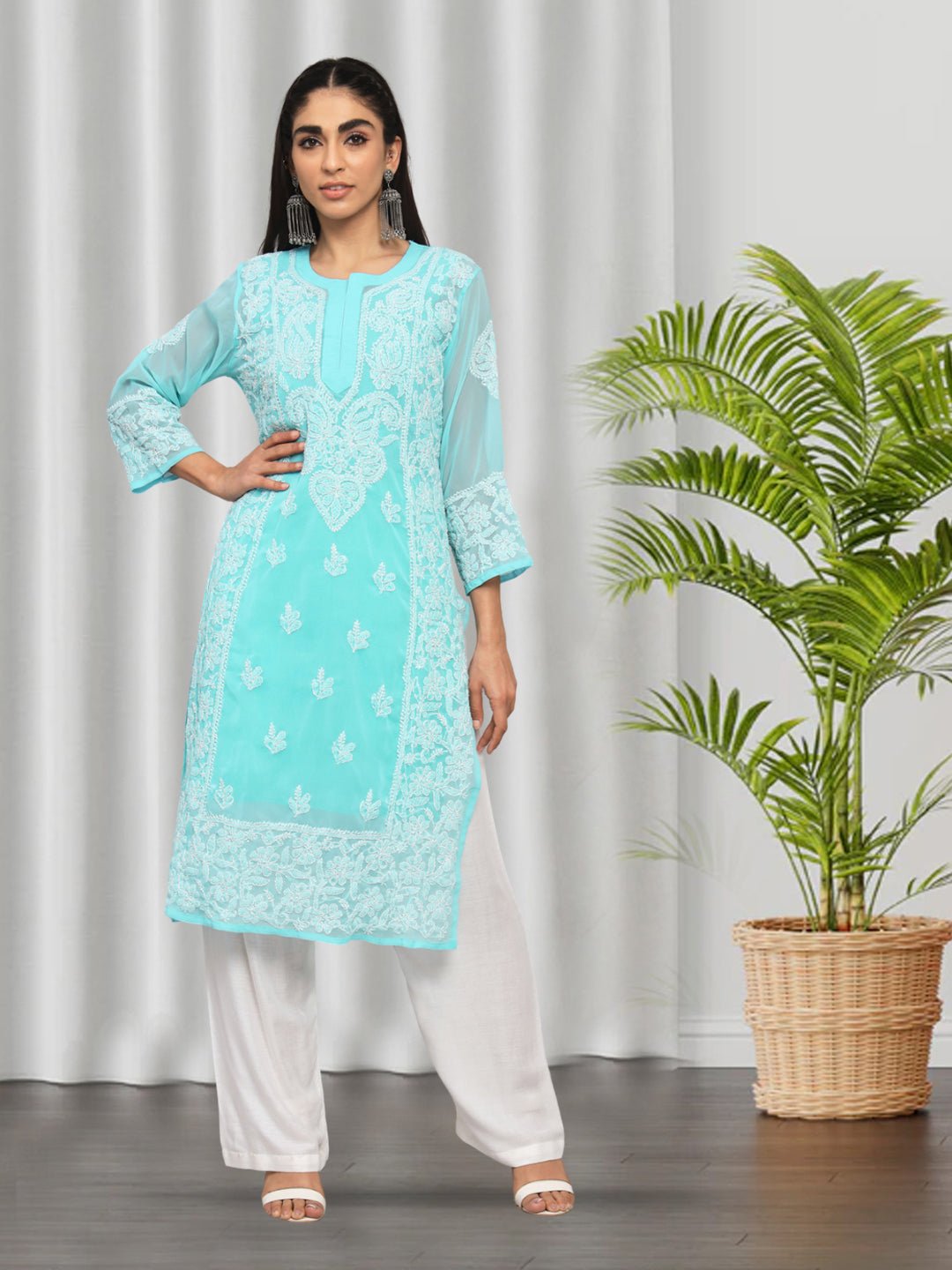 Hand Embroidered Chikankari Georgette straight Kurta With Matching Slip- PC3485