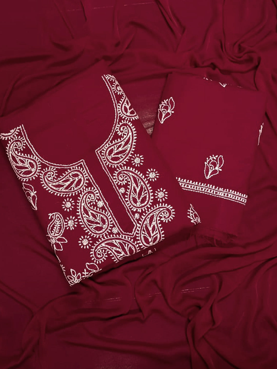 Women Hand Embroidered Chikankari Cotton Dressmaterial PCSCU00104FS-MAROON