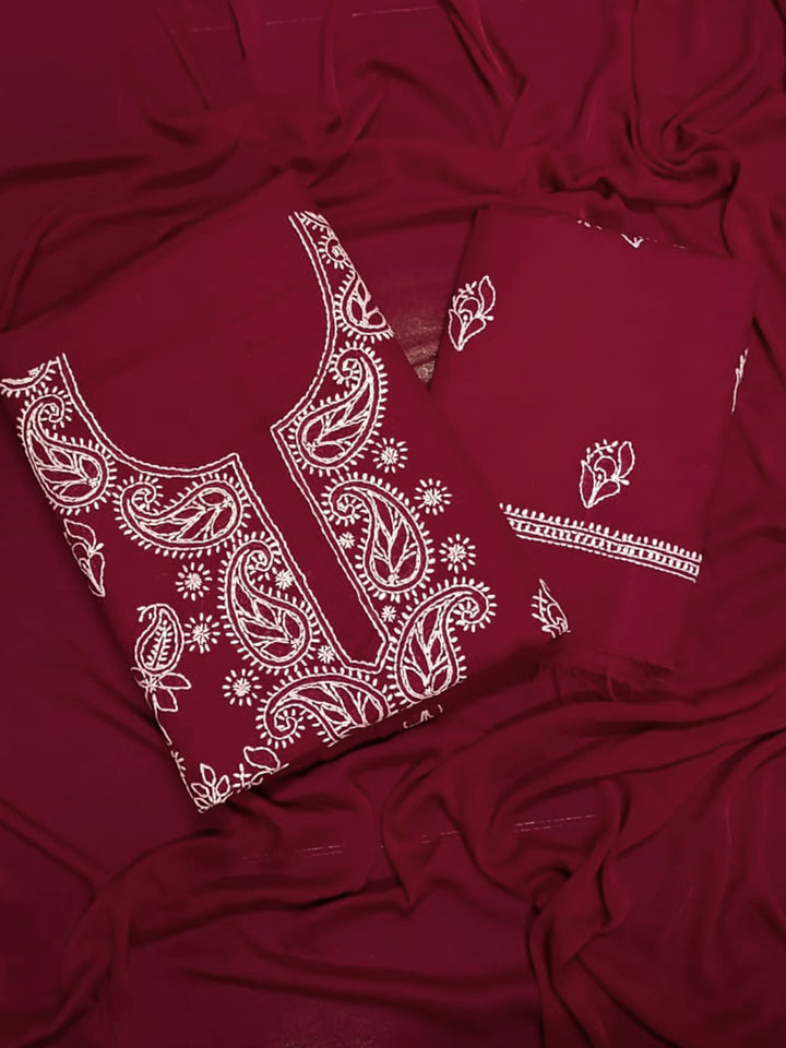 Women Hand Embroidered Chikankari Cotton Dressmaterial PCSCU00104FS-MAROON