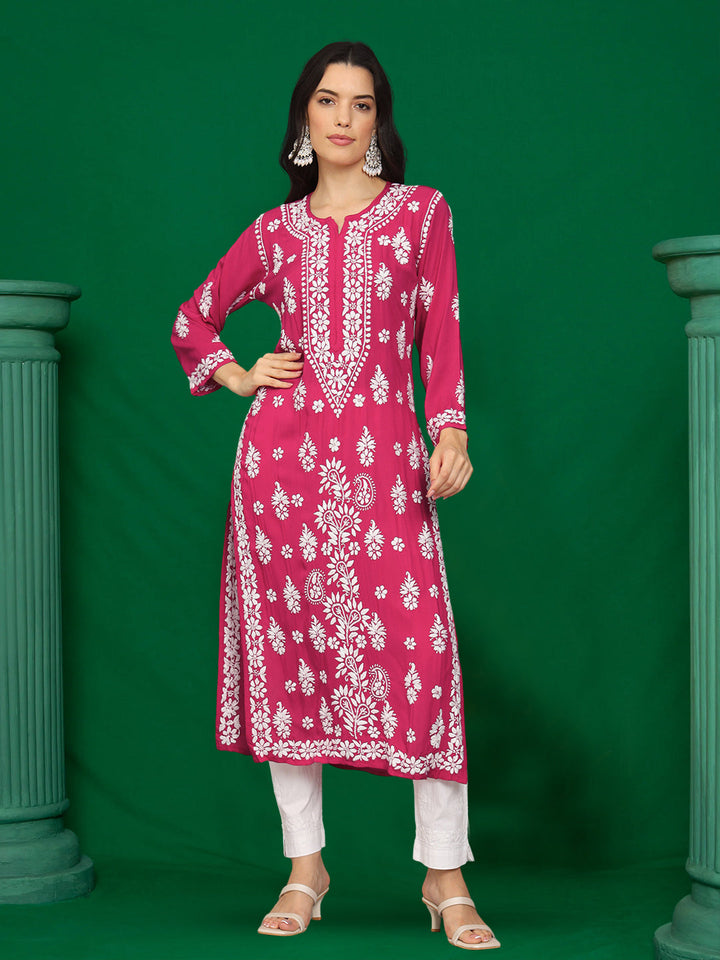 Hand Embroidered Chikankari Modal Straight Kurta- PC4042 Magenta