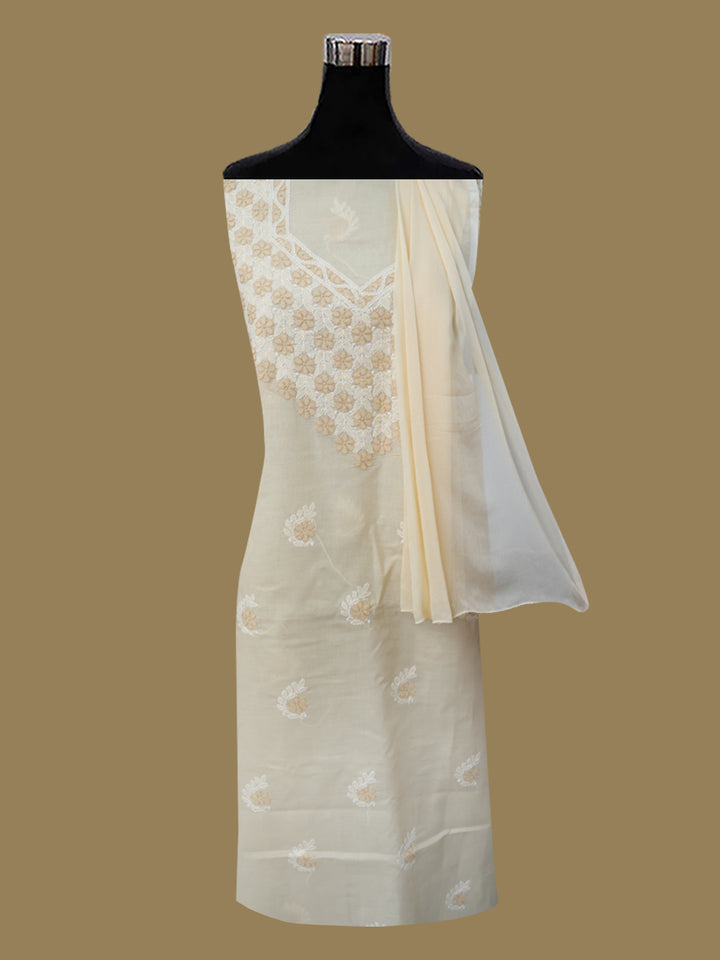 Women Hand Embroidered Chikankari Cotton Dressmaterial PCSCU00102FS-CREAME
