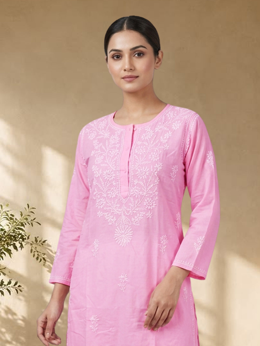 Hand Embroidered Chikankari Straight Floral Cotton Kurta-NTV115 Pink