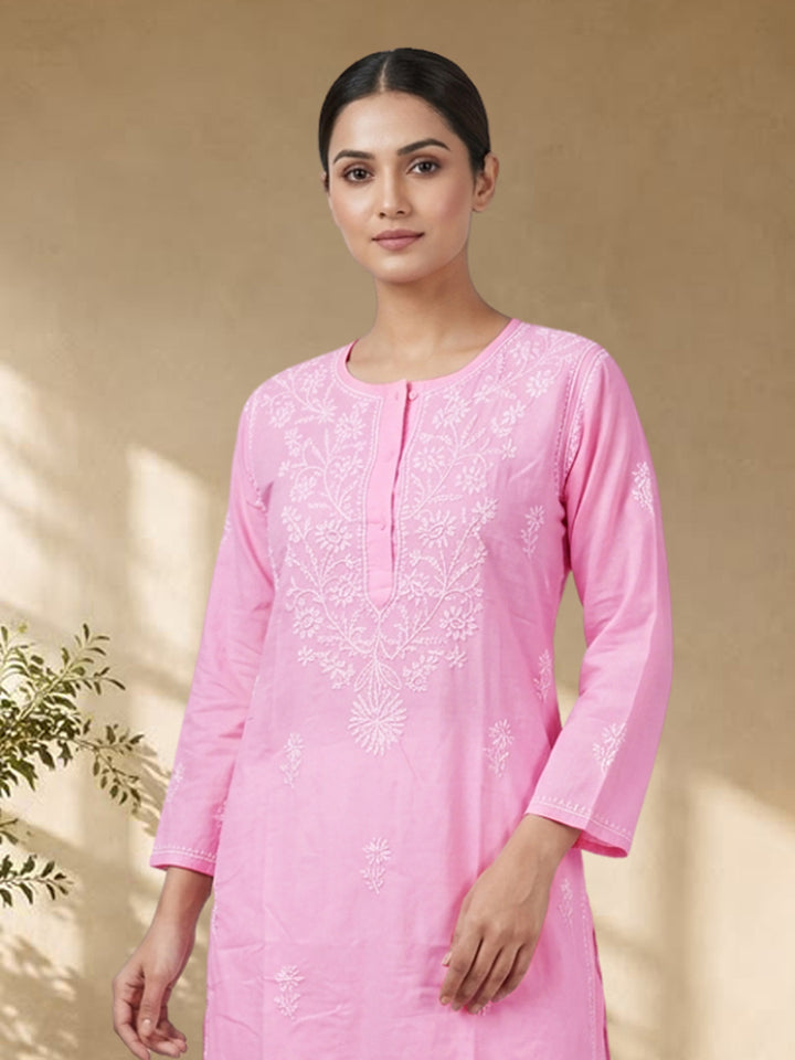Hand Embroidered Chikankari Straight Floral Cotton Kurta-NTV115 Pink