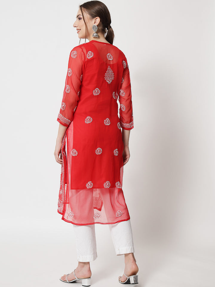 women Hand Embroidered Chikankari Georgette Straight Kurta With Matching Slip- PC3533