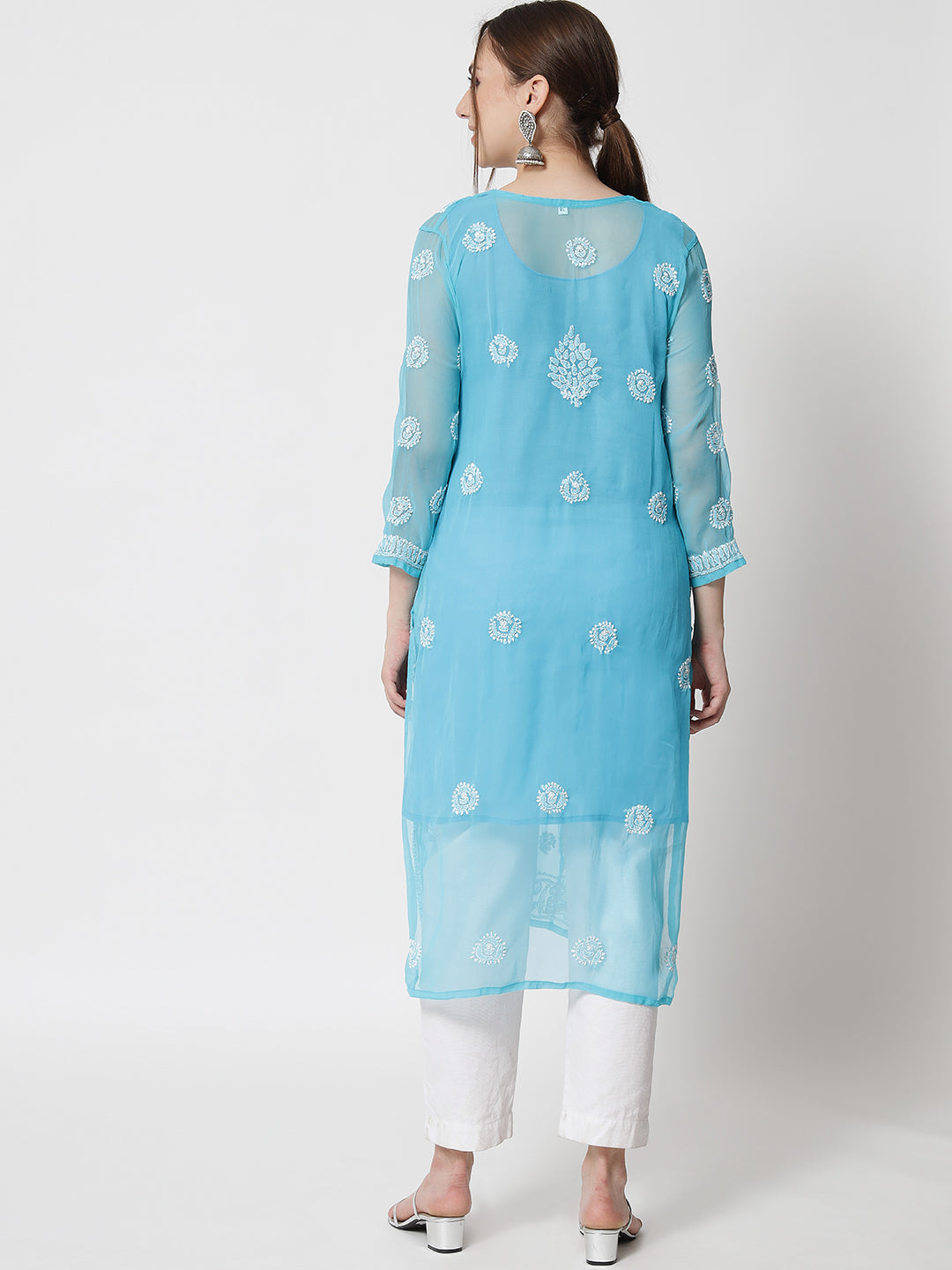 women Hand Embroidered Chikankari Georgette Straight Kurta With Matching Slip- PC3533