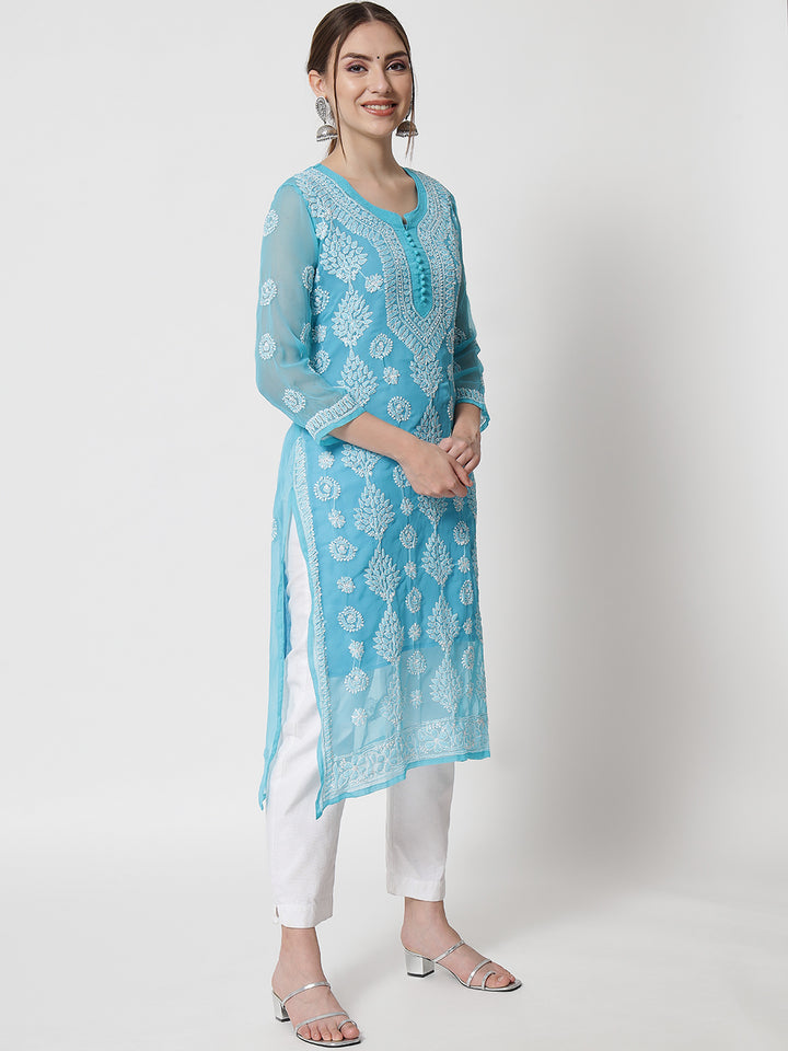 women Hand Embroidered Chikankari Georgette Straight Kurta With Matching Slip- PC3533