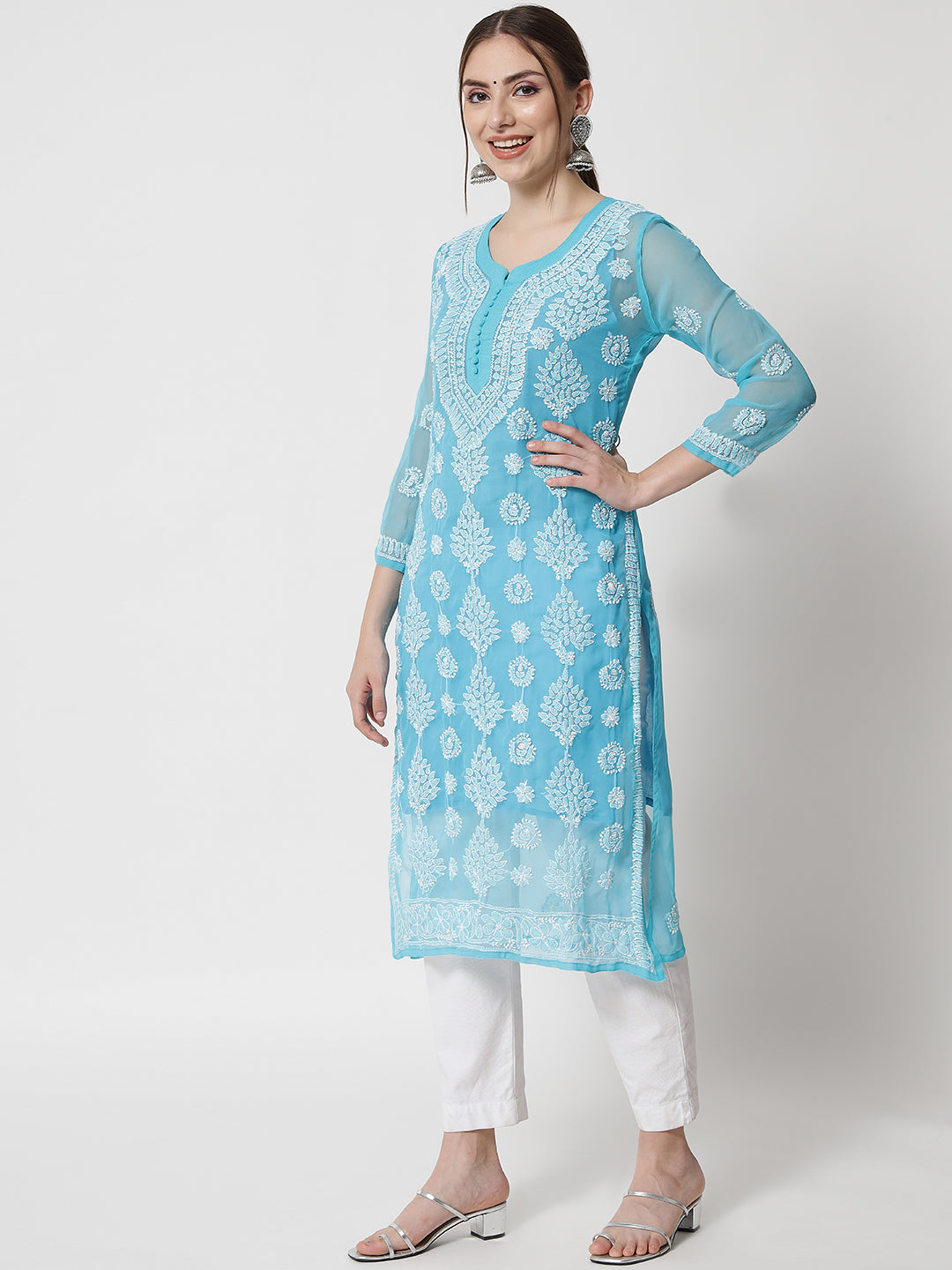 women Hand Embroidered Chikankari Georgette Straight Kurta With Matching Slip- PC3533