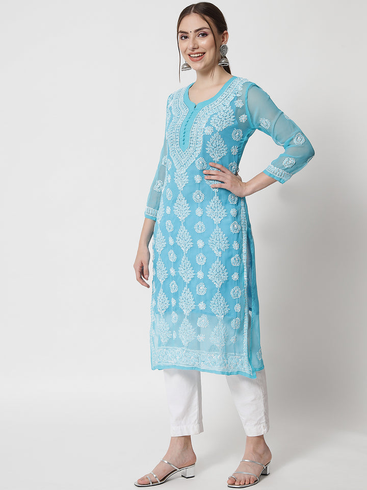 women Hand Embroidered Chikankari Georgette Straight Kurta With Matching Slip- PC3533