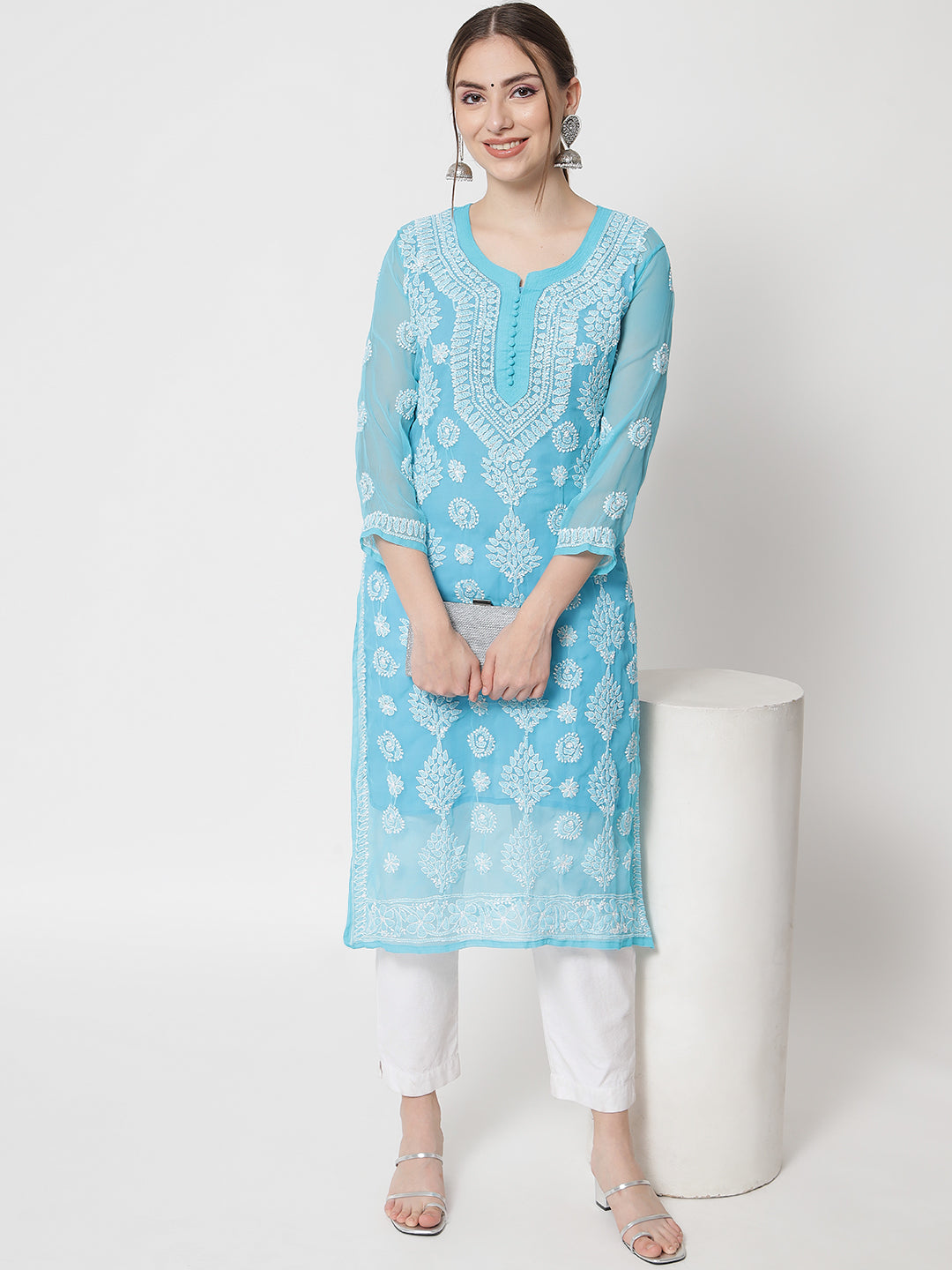 women Hand Embroidered Chikankari Georgette Straight Kurta With Matching Slip- PC3533