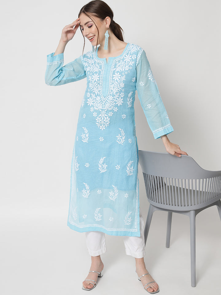 Hand Embroidered Chikankari Kota Cotton Straight Kurta with matching Slip- PC3537