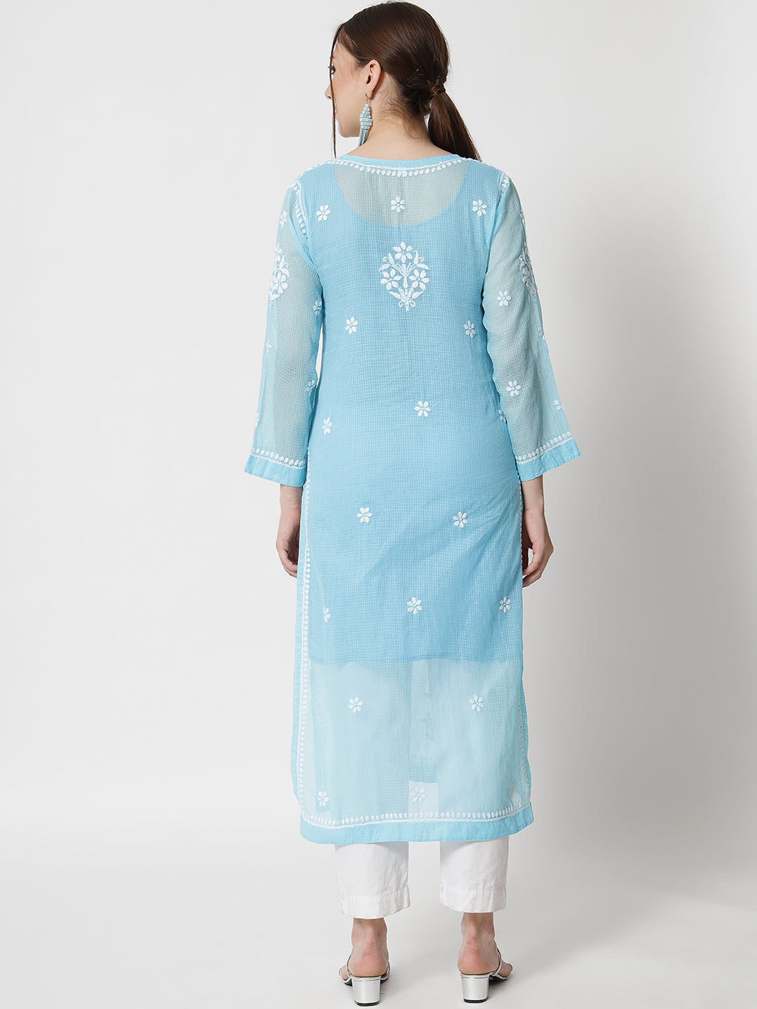 Hand Embroidered Chikankari Kota Cotton Straight Kurta with matching Slip- PC3537