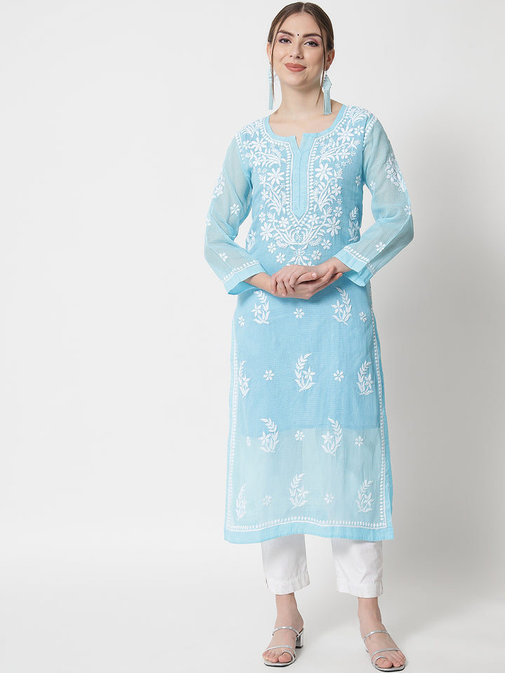 Hand Embroidered Chikankari Kota Cotton Straight Kurta with matching Slip- PC3537