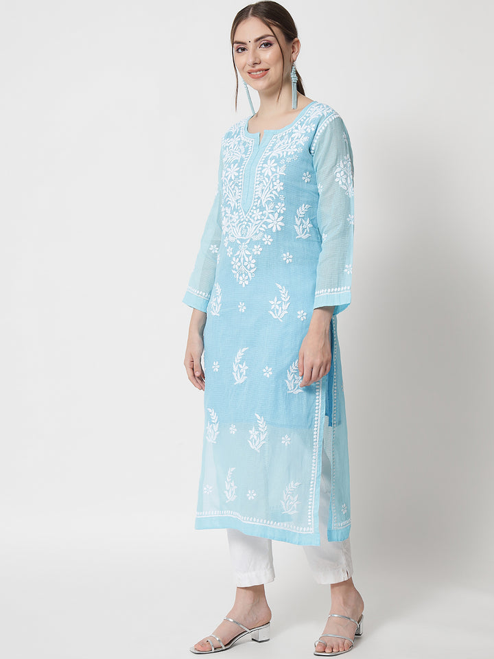 Hand Embroidered Chikankari Kota Cotton Straight Kurta with matching Slip- PC3537