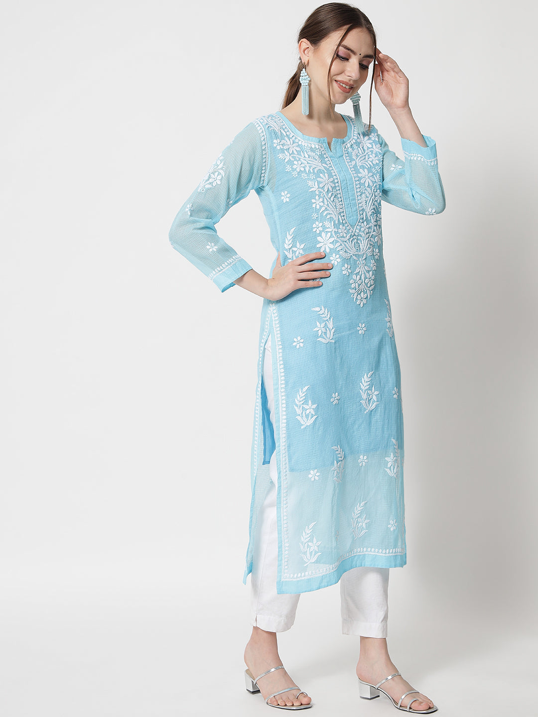 Hand Embroidered Chikankari Kota Cotton Straight Kurta with matching Slip- PC3537