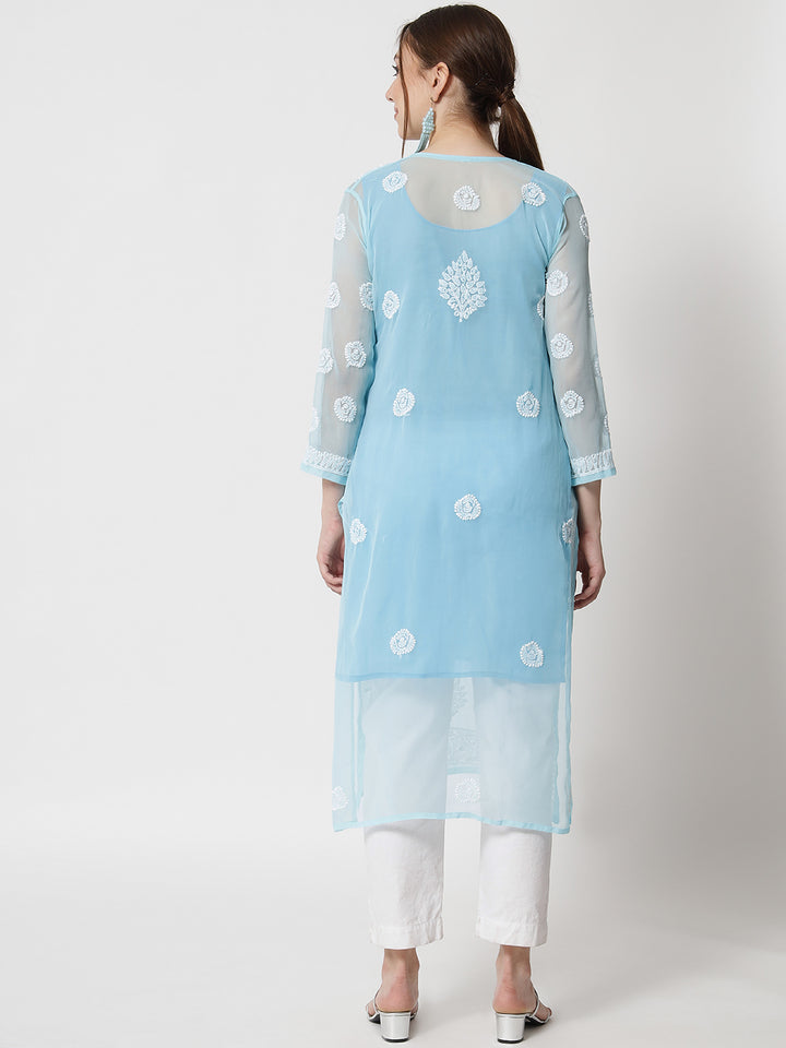 women Hand Embroidered Chikankari Georgette Straight Kurta With Matching Slip- PC3533