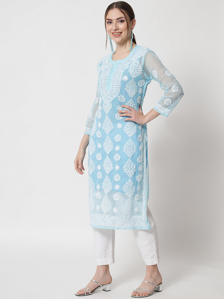 women Hand Embroidered Chikankari Georgette Straight Kurta With Matching Slip- PC3533