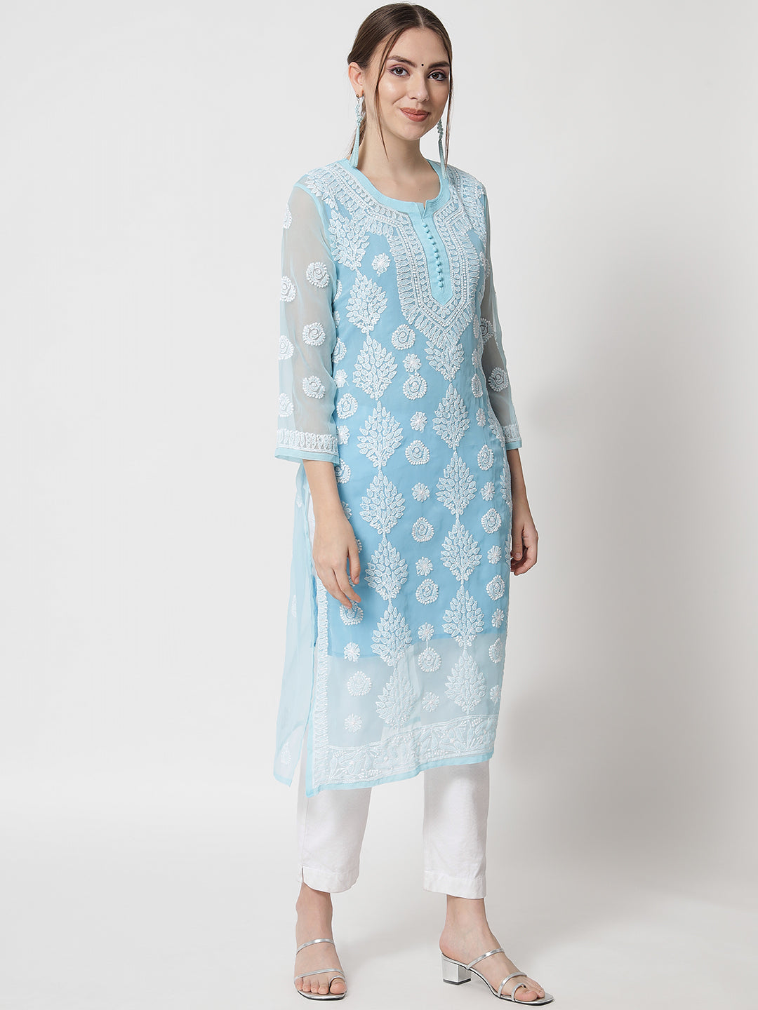 women Hand Embroidered Chikankari Georgette Straight Kurta With Matching Slip- PC3533