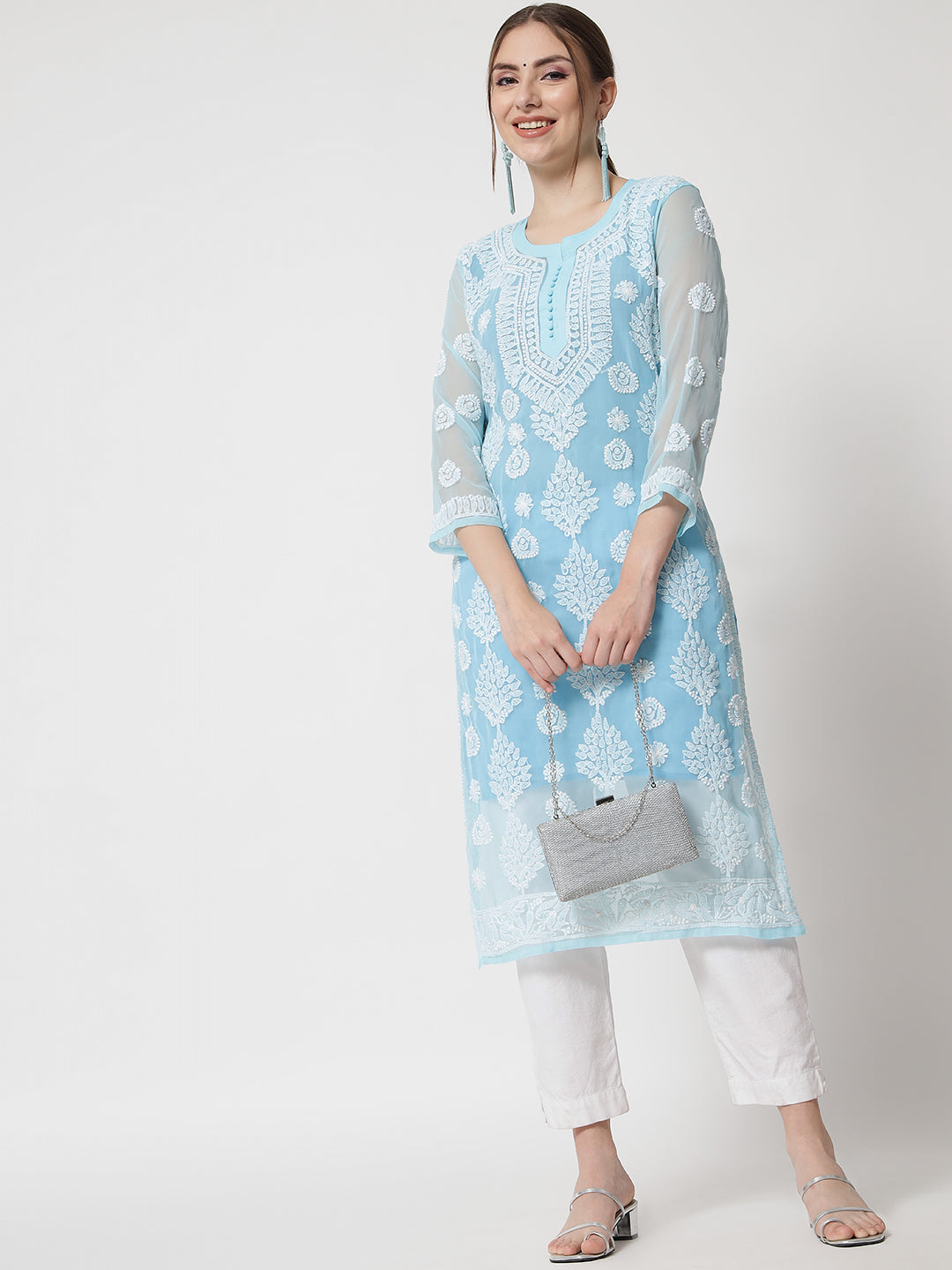 women Hand Embroidered Chikankari Georgette Straight Kurta With Matching Slip- PC3533