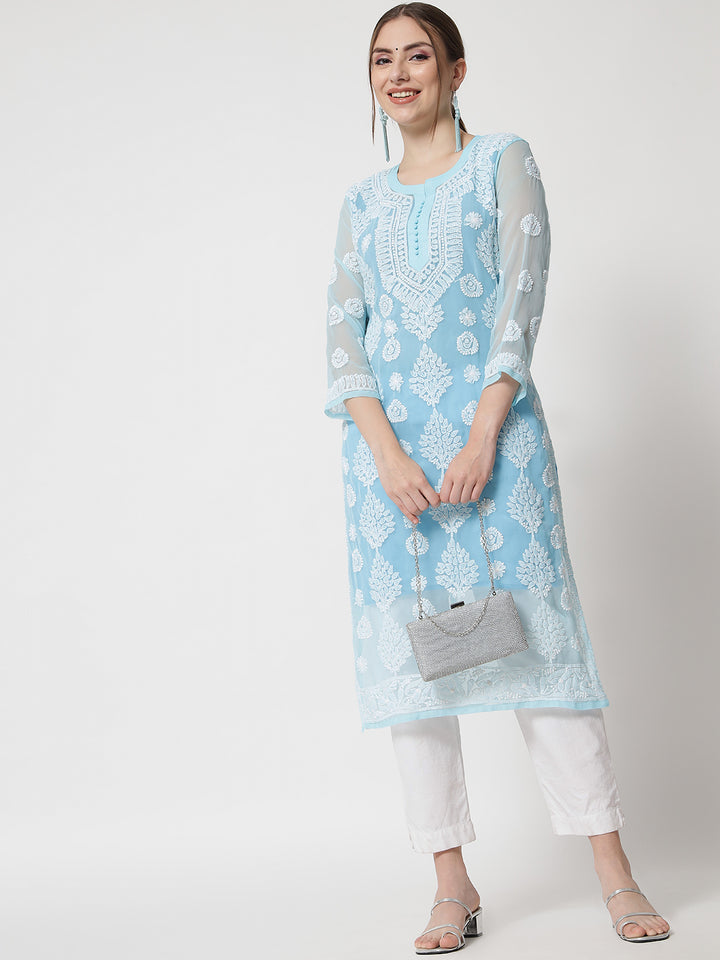 women Hand Embroidered Chikankari Georgette Straight Kurta With Matching Slip- PC3533