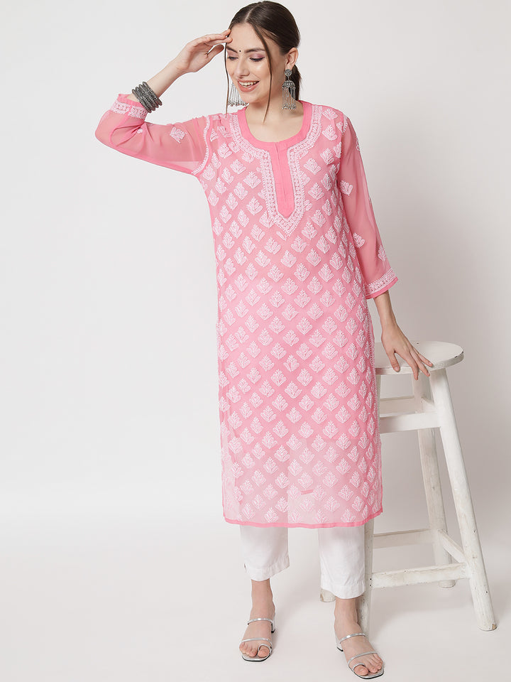 Hand Embroidered Chikankari Georgette Straight Kurta With Matching Slip- PC3484