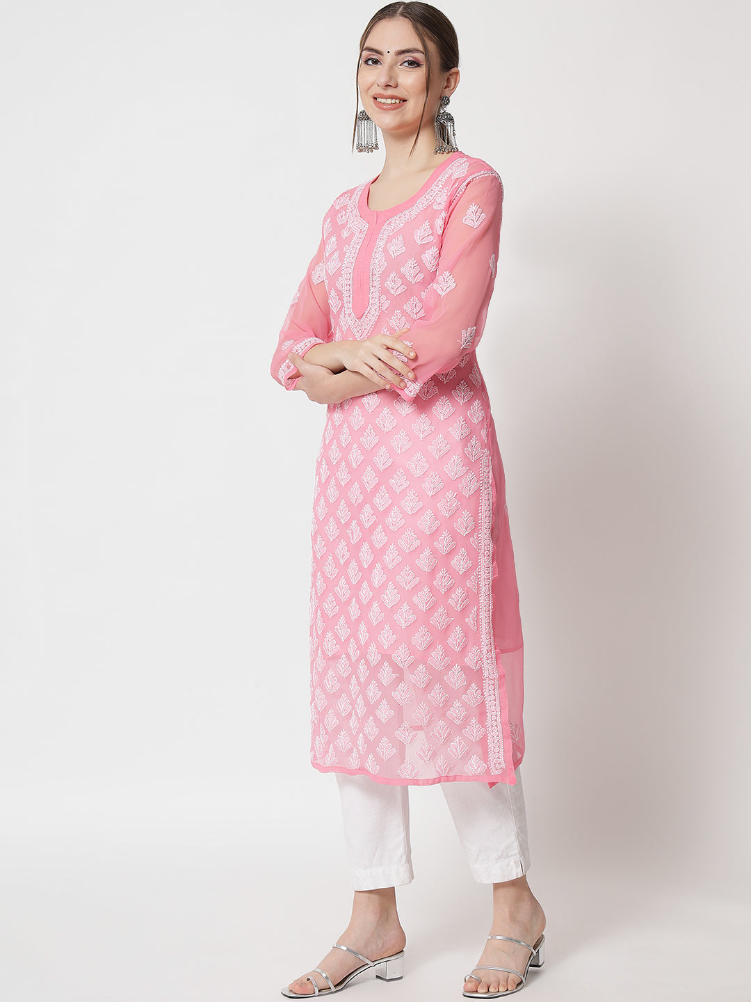 Hand Embroidered Chikankari Georgette Straight Kurta With Matching Slip- PC3484