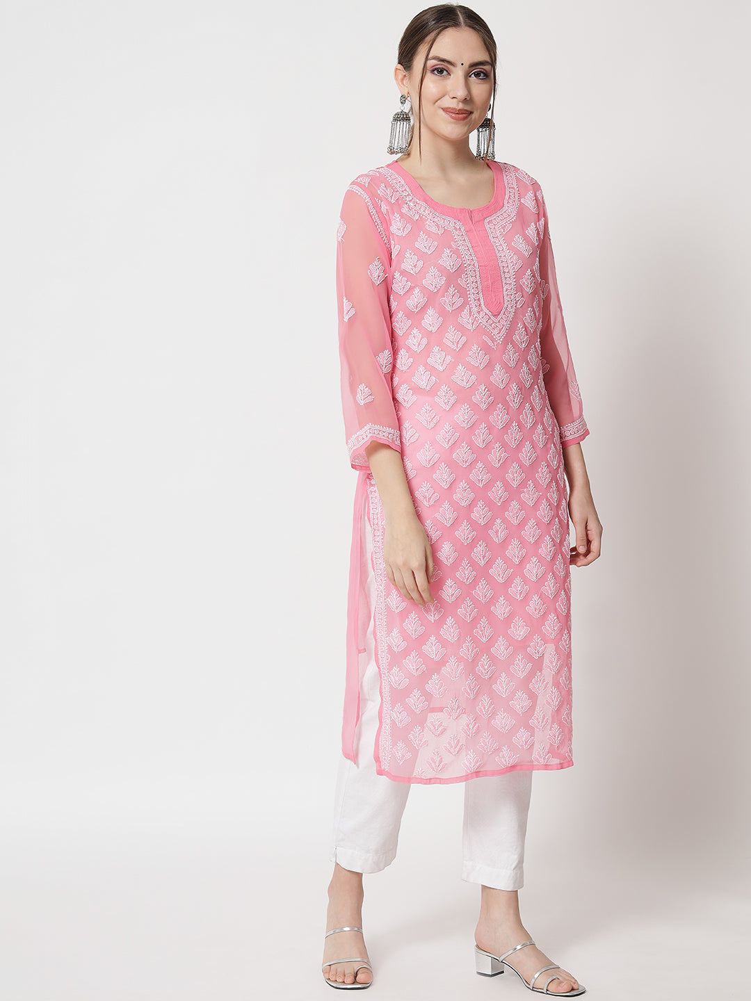 Hand Embroidered Chikankari Georgette Straight Kurta With Matching Slip- PC3484