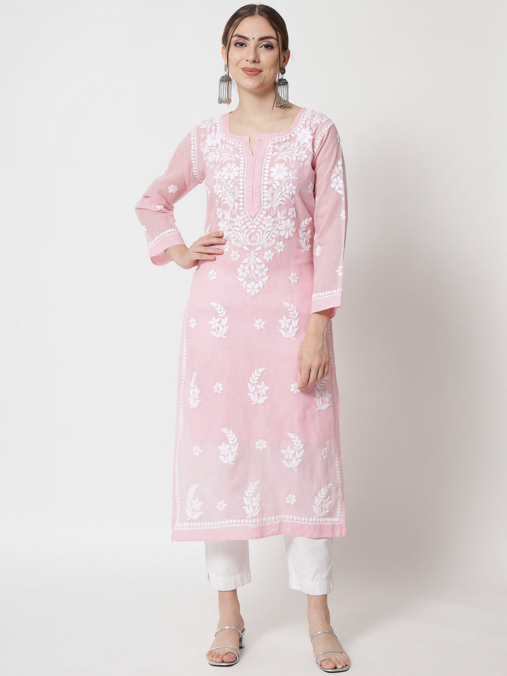 Hand Embroidered Chikankari Kota Cotton Straight Kurta with matching Slip- PC3537