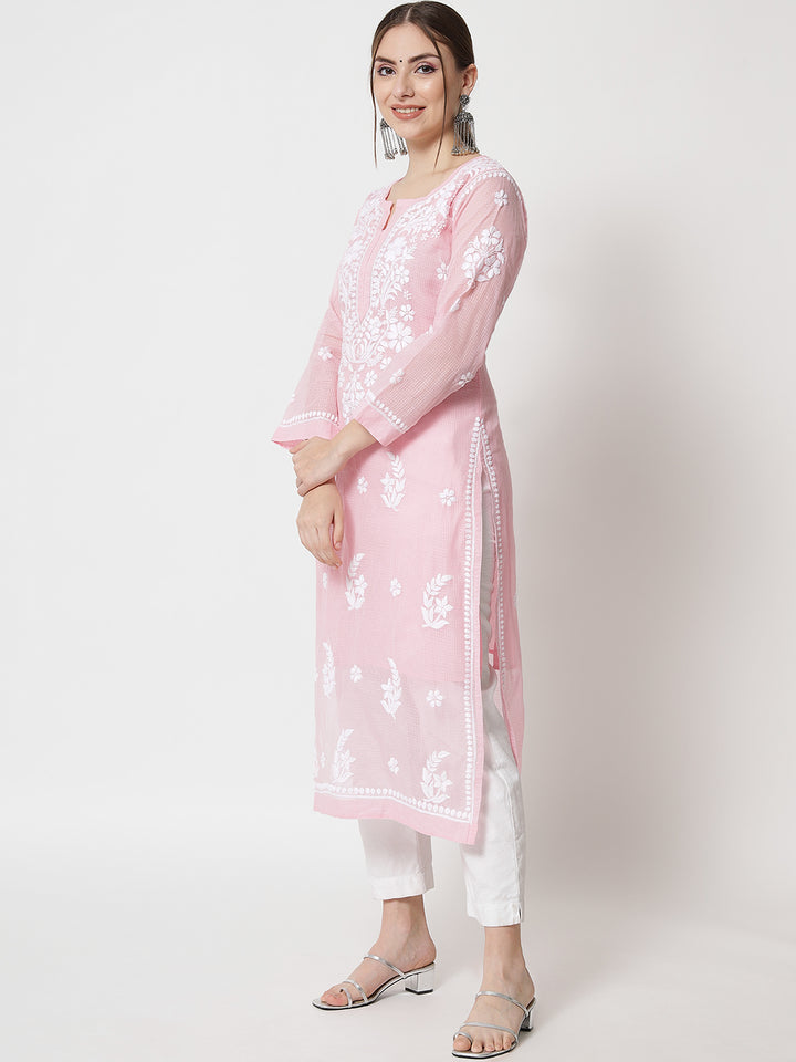 Hand Embroidered Chikankari Kota Cotton Straight Kurta with matching Slip- PC3537