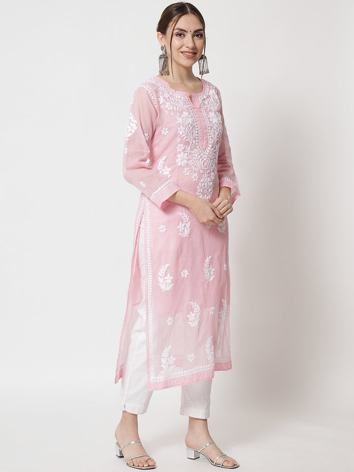 Hand Embroidered Chikankari Kota Cotton Straight Kurta with matching Slip- PC3537