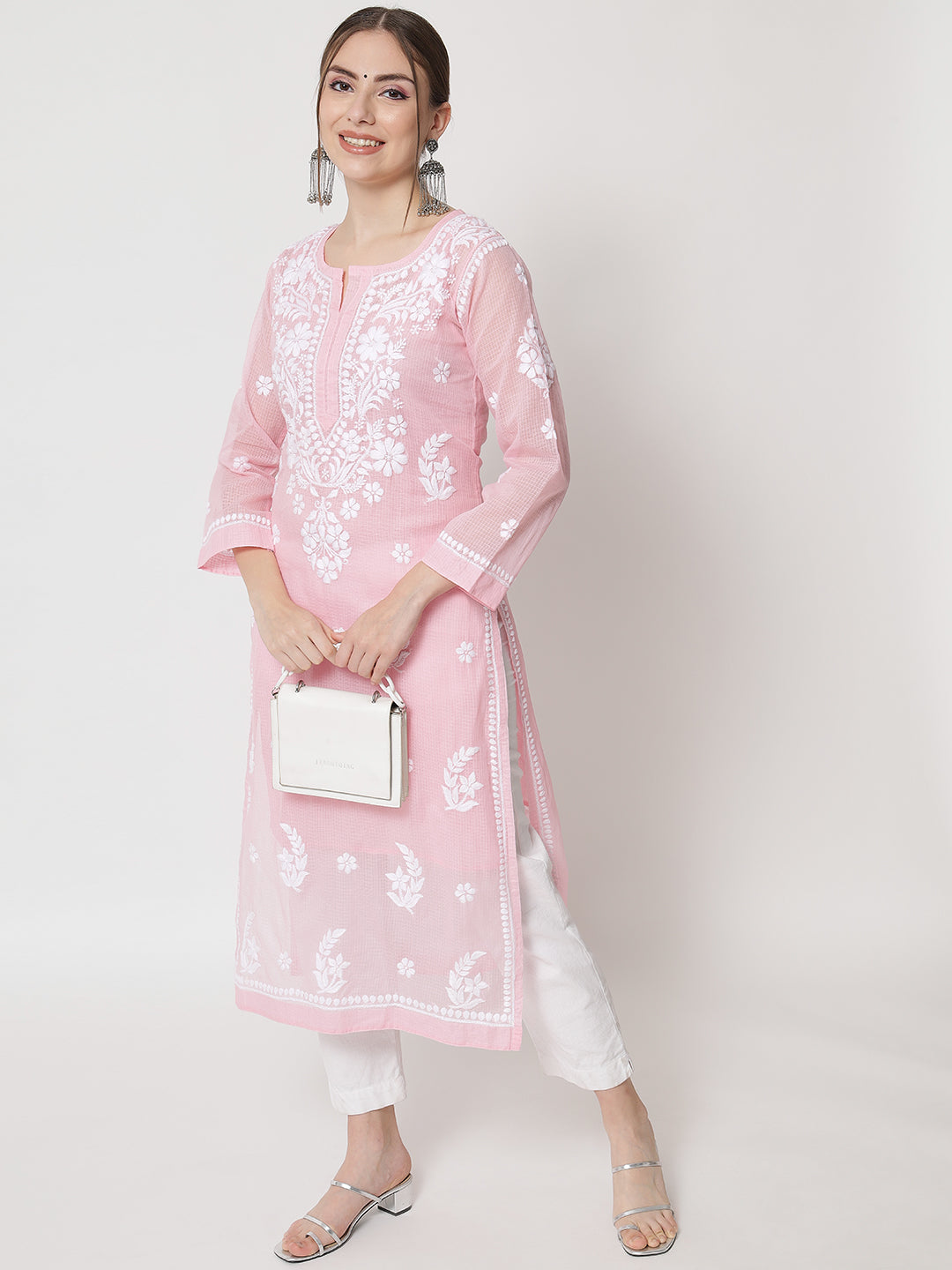 Hand Embroidered Chikankari Kota Cotton Straight Kurta with matching Slip- PC3537